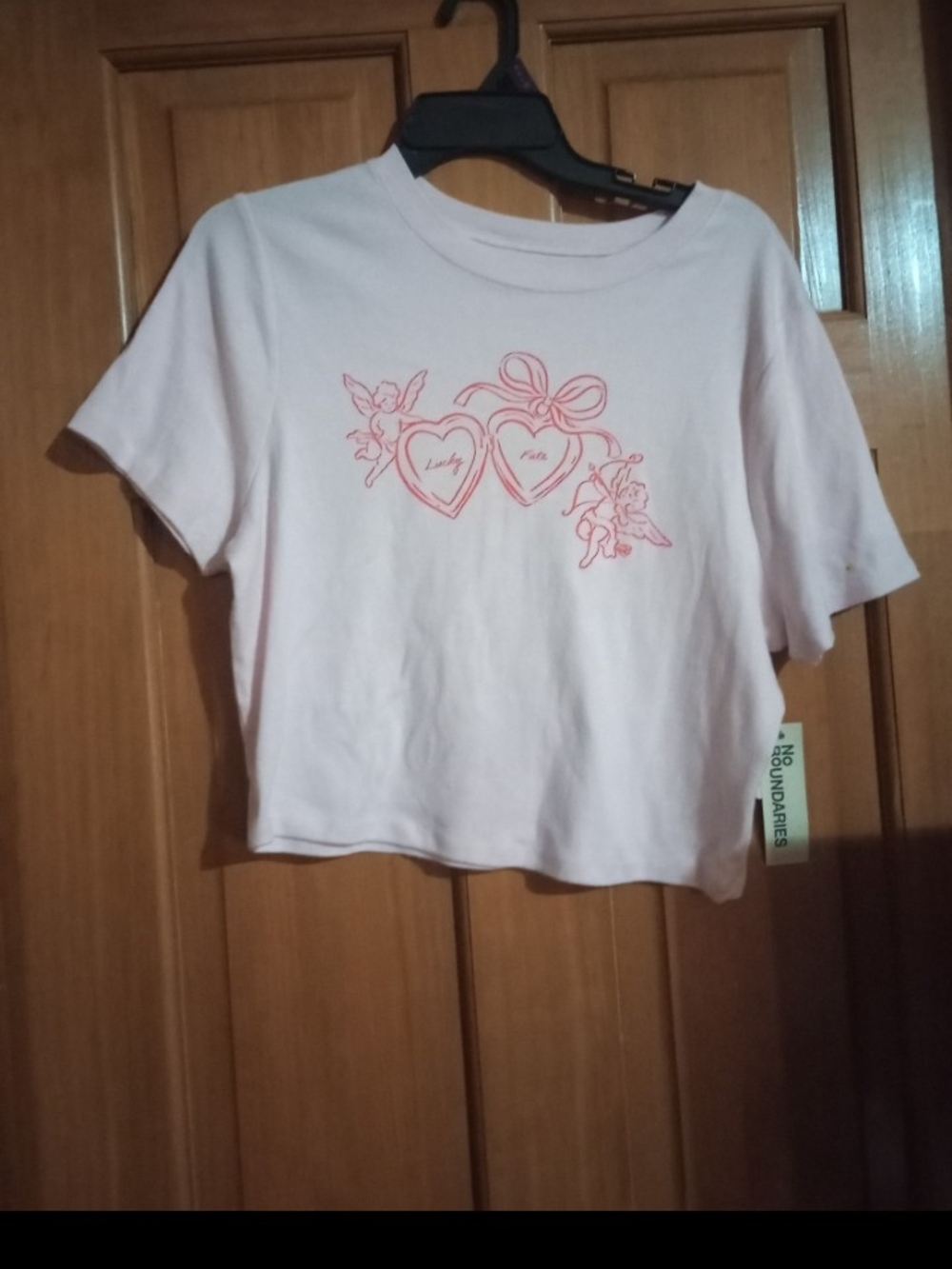 No Boundaries Pink Tee with Red Heart & Cherub Graphic